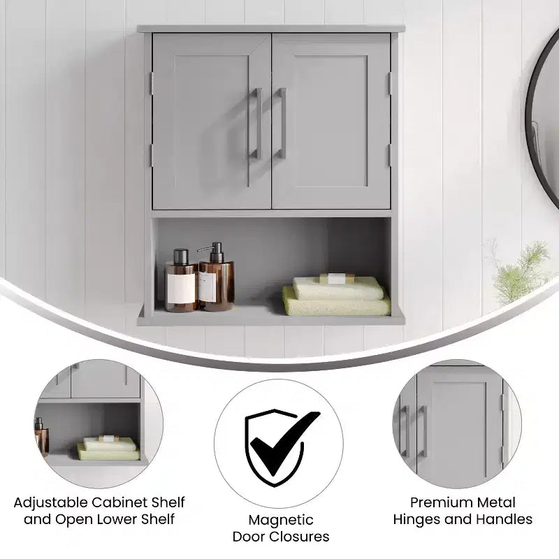 Emma and Oliver Wall Mounted Bathroom Medicine Cabinet Organizer with Adjustable In-Cabinet Shelf, Dual Magnetic Closure Doors, Bottom Open Display Shelf