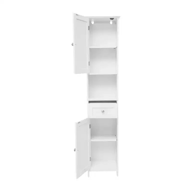 Merrick Lane Slim Linen Tower Organizer with Storage Drawer, Upper and Lower Cabinets with Magnetic Closure Doors and Open Shelf