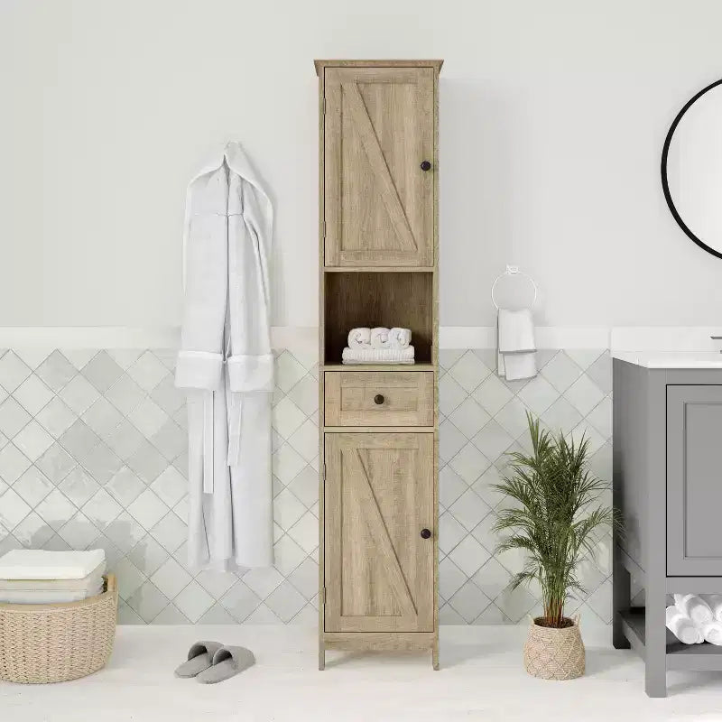 Merrick Lane Slim Linen Tower Organizer with Storage Drawer, Upper and Lower Cabinets with Magnetic Closure Doors and Open Shelf