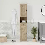 Merrick Lane Slim Linen Tower Organizer with Storage Drawer, Upper and Lower Cabinets with Magnetic Closure Doors and Open Shelf