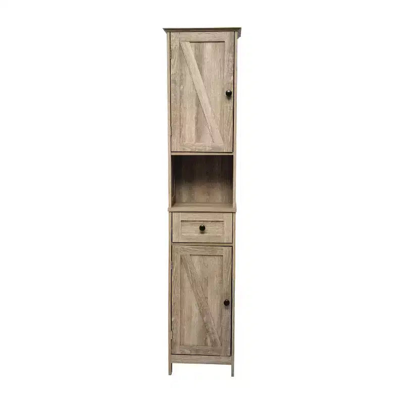 Merrick Lane Slim Linen Tower Organizer with Storage Drawer, Upper and Lower Cabinets with Magnetic Closure Doors and Open Shelf