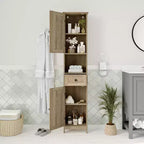 Merrick Lane Slim Linen Tower Organizer with Storage Drawer, Upper and Lower Cabinets with Magnetic Closure Doors and Open Shelf