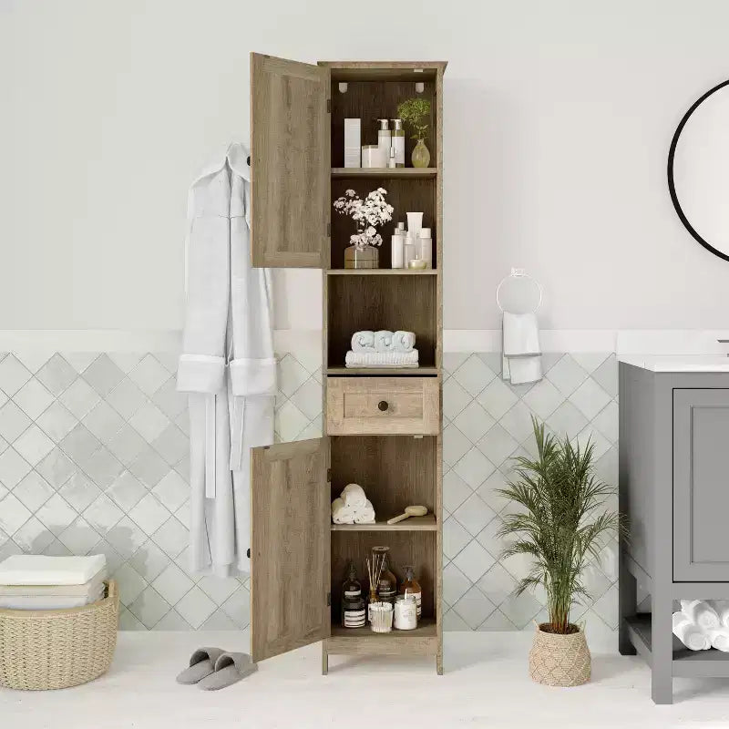 Merrick Lane Slim Linen Tower Organizer with Storage Drawer, Upper and Lower Cabinets with Magnetic Closure Doors and Open Shelf