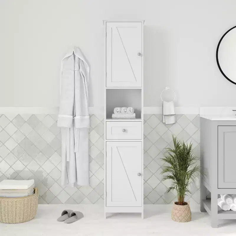 Merrick Lane Slim Linen Tower Organizer with Storage Drawer, Upper and Lower Cabinets with Magnetic Closure Doors and Open Shelf