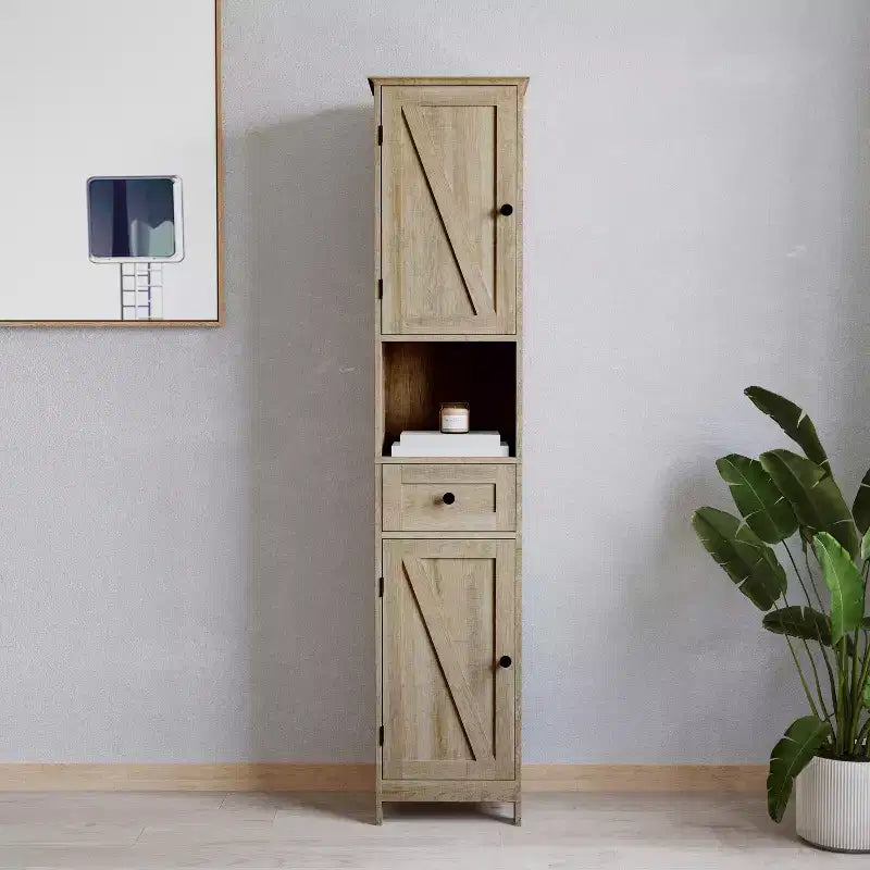 Merrick Lane Slim Linen Tower Organizer with Storage Drawer, Upper and Lower Cabinets with Magnetic Closure Doors and Open Shelf