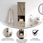 Merrick Lane Slim Linen Tower Organizer with Storage Drawer, Upper and Lower Cabinets with Magnetic Closure Doors and Open Shelf