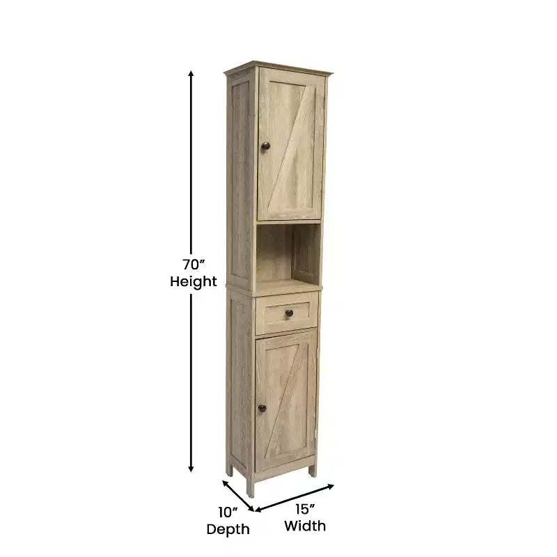 Merrick Lane Slim Linen Tower Organizer with Storage Drawer, Upper and Lower Cabinets with Magnetic Closure Doors and Open Shelf