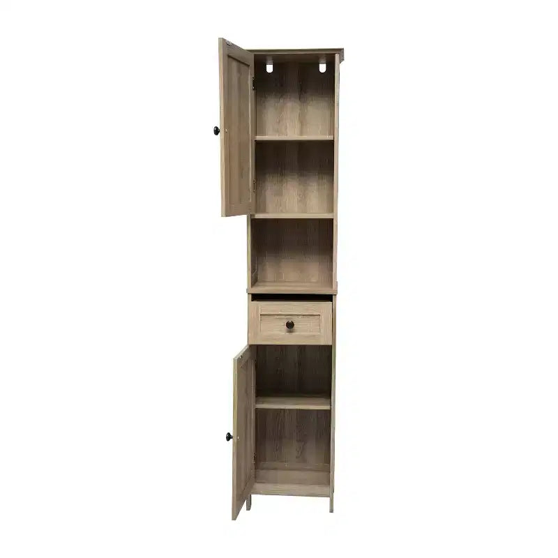 Merrick Lane Slim Linen Tower Organizer with Storage Drawer, Upper and Lower Cabinets with Magnetic Closure Doors and Open Shelf