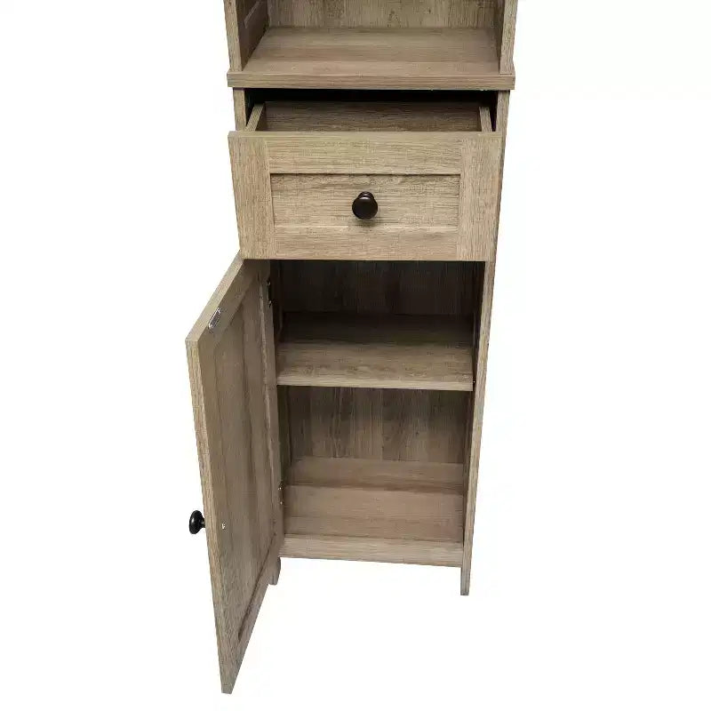 Merrick Lane Slim Linen Tower Organizer with Storage Drawer, Upper and Lower Cabinets with Magnetic Closure Doors and Open Shelf