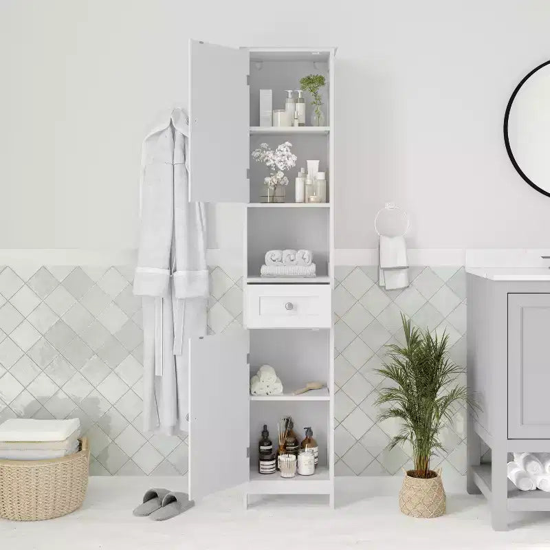 Merrick Lane Slim Linen Tower Organizer with Storage Drawer, Upper and Lower Cabinets with Magnetic Closure Doors and Open Shelf