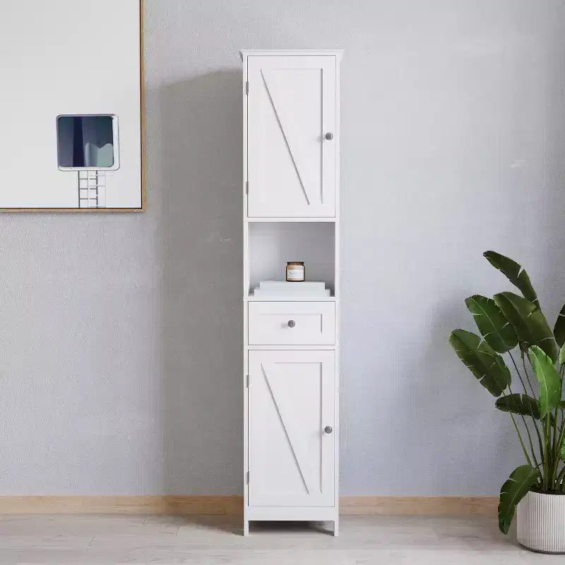 Merrick Lane Slim Linen Tower Organizer with Storage Drawer, Upper and Lower Cabinets with Magnetic Closure Doors and Open Shelf