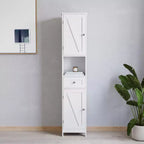 Merrick Lane Slim Linen Tower Organizer with Storage Drawer, Upper and Lower Cabinets with Magnetic Closure Doors and Open Shelf