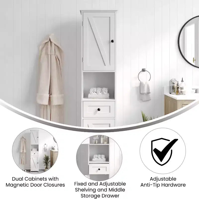 Merrick Lane Slim Linen Tower Organizer with Storage Drawer, Upper and Lower Cabinets with Magnetic Closure Doors and Open Shelf
