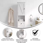 Merrick Lane Slim Linen Tower Organizer with Storage Drawer, Upper and Lower Cabinets with Magnetic Closure Doors and Open Shelf