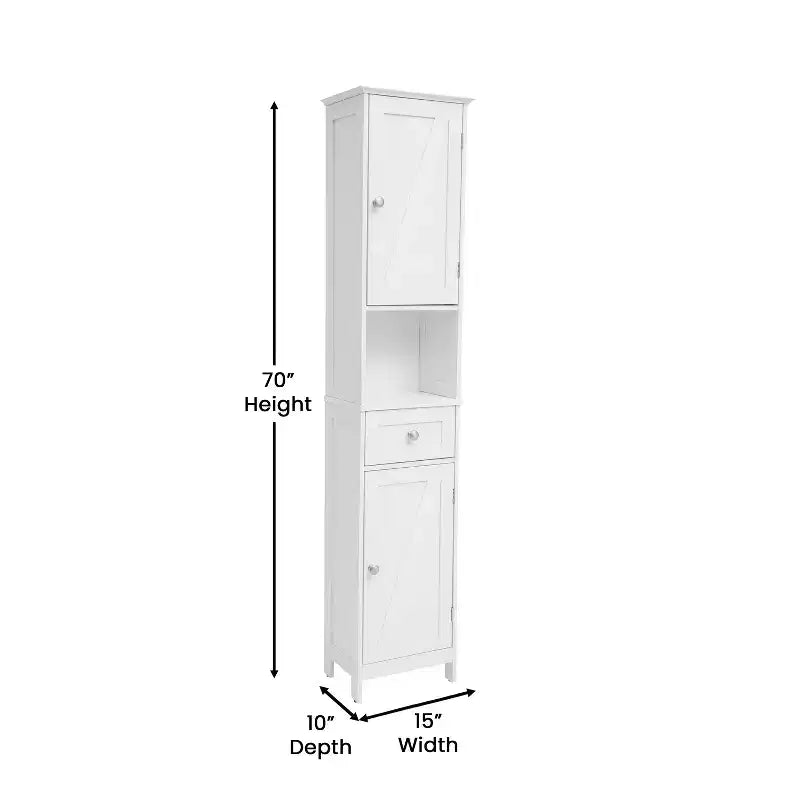 Merrick Lane Slim Linen Tower Organizer with Storage Drawer, Upper and Lower Cabinets with Magnetic Closure Doors and Open Shelf