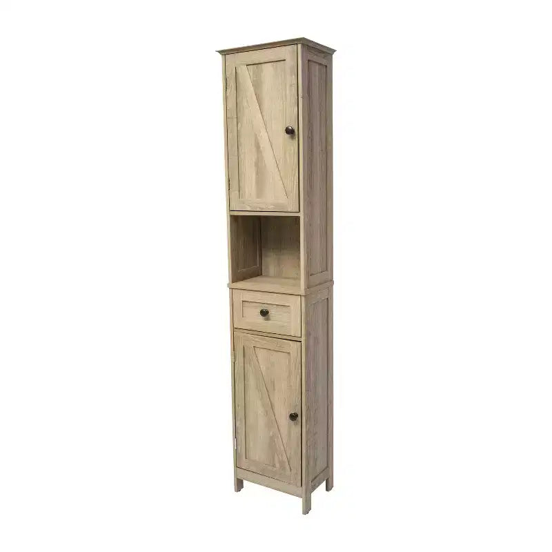 Merrick Lane Slim Linen Tower Organizer with Storage Drawer, Upper and Lower Cabinets with Magnetic Closure Doors and Open Shelf