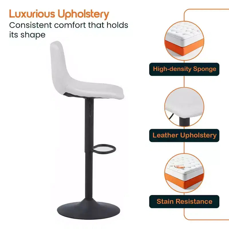 LeisureMod Tilbury Modern Adjustable Height Bar Stool with Vegan Leather Upholstery and Footrest, Ideal for Kitchen Island, Counter, or Home Bar