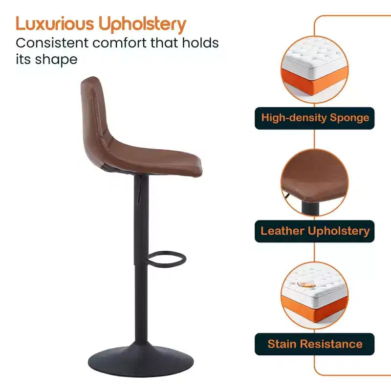 LeisureMod Tilbury Modern Adjustable Height Bar Stool with Vegan Leather Upholstery and Footrest, Ideal for Kitchen Island, Counter, or Home Bar
