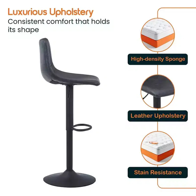 LeisureMod Tilbury Modern Adjustable Height Bar Stool with Vegan Leather Upholstery and Footrest, Ideal for Kitchen Island, Counter, or Home Bar