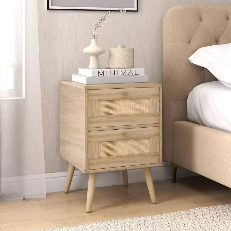 Costway 1/2 PCS Rattan Nightstand Boho Accent Bedside Table with 2 Storage Drawers Natural