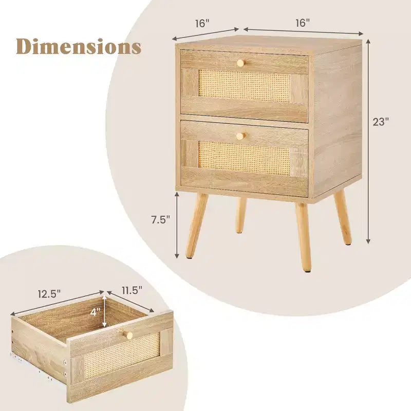 Costway 1/2 PCS Rattan Nightstand Boho Accent Bedside Table with 2 Storage Drawers Natural