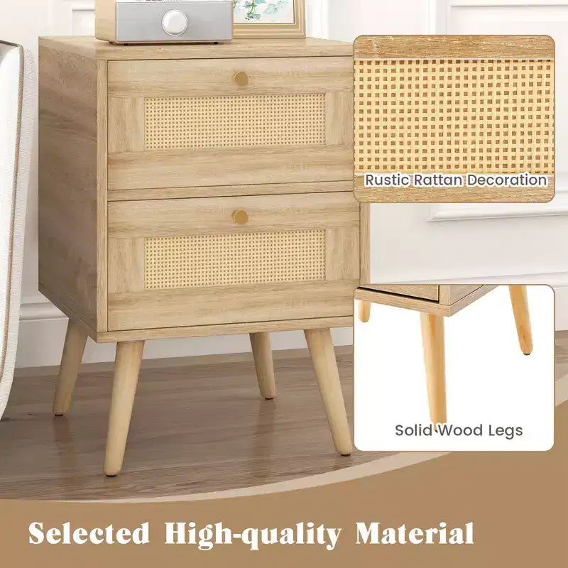 Costway 1/2 PCS Rattan Nightstand Boho Accent Bedside Table with 2 Storage Drawers Natural