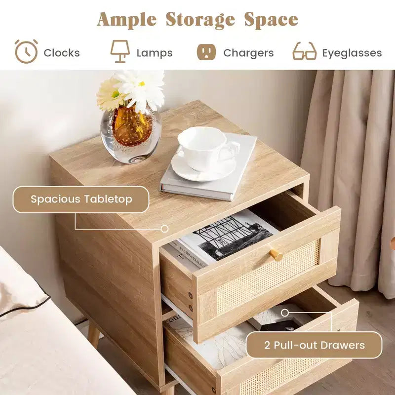 Costway 1/2 PCS Rattan Nightstand Boho Accent Bedside Table with 2 Storage Drawers Natural