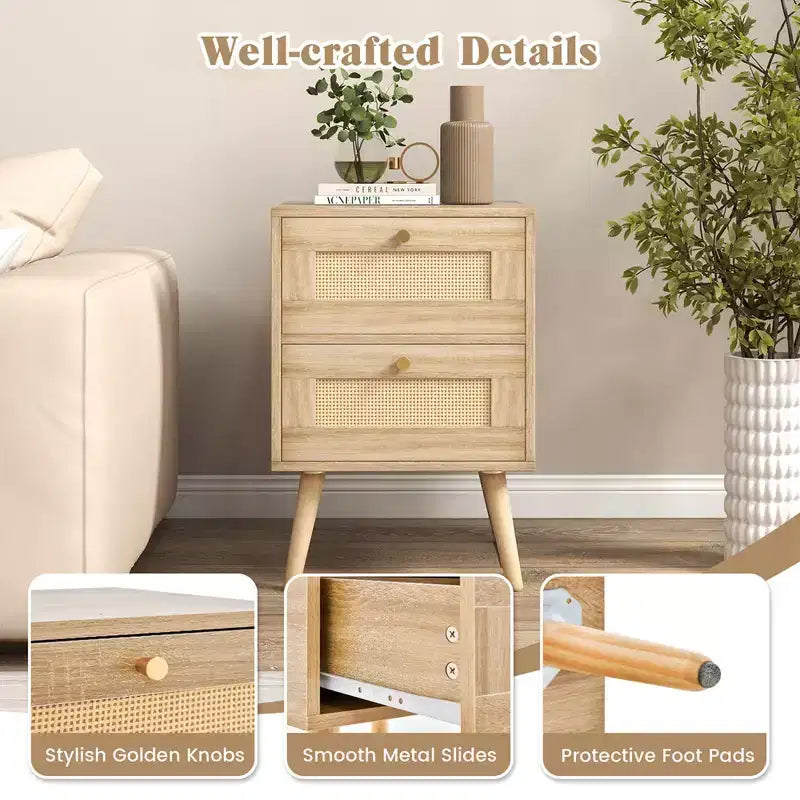 Costway 1/2 PCS Rattan Nightstand Boho Accent Bedside Table with 2 Storage Drawers Natural