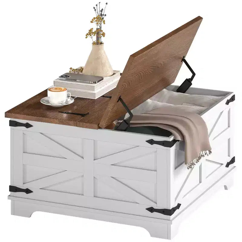 HOMCOM Farmhouse Coffee Table with Flip Top, Hidden Storage Compartment, Square Center Table for Living Room