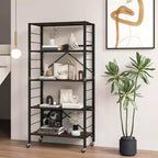 Costway 5-Tier Folding Shelf Free DIY Design Shelving Unit with 4 Universal Wheels Kitchen Black/Natural