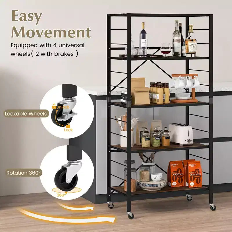 Costway 5-Tier Folding Shelf Free DIY Design Shelving Unit with 4 Universal Wheels Kitchen Black/Natural