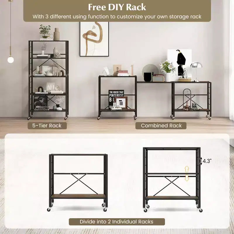 Costway 5-Tier Folding Shelf Free DIY Design Shelving Unit with 4 Universal Wheels Kitchen Black/Natural