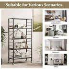 Costway 5-Tier Folding Shelf Free DIY Design Shelving Unit with 4 Universal Wheels Kitchen Black/Natural