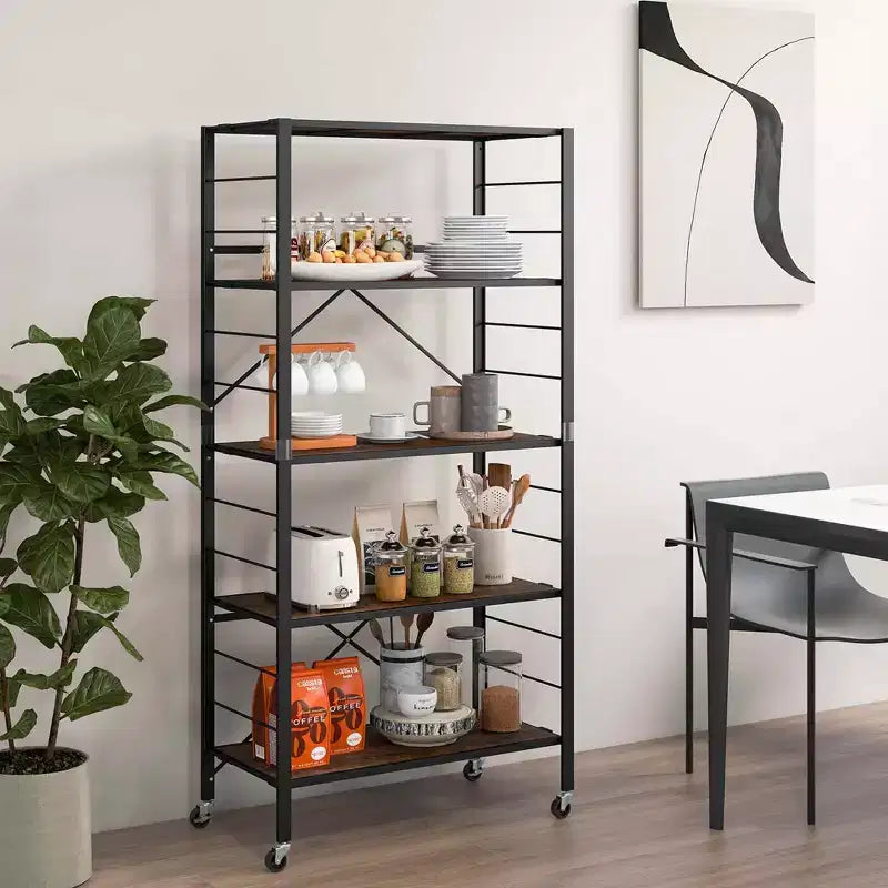 Costway 5-Tier Folding Shelf Free DIY Design Shelving Unit with 4 Universal Wheels Kitchen Black/Natural