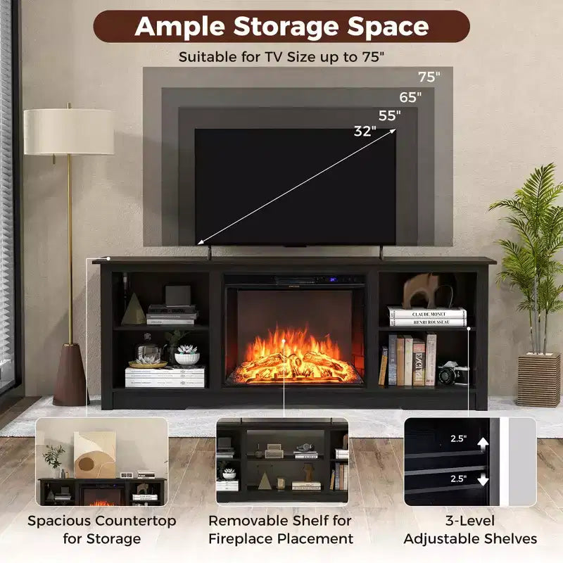 Costway 70 TV Stand with 26 Electric Fireplace Insert Remote Control for 75 TV Walnut/Black/Grey