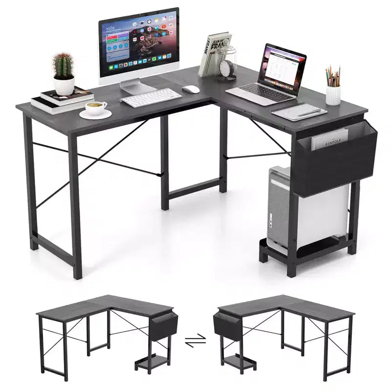 Scrivania per computer a L reversibile Costway con borsa portaoggetti laterale e supporto per PC, grigio scuro