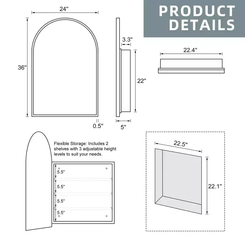 Dovelina Modern Arched Medicine Cabinet With Mirror Metal Framed Bathroom Mirror With Storage - 36x24