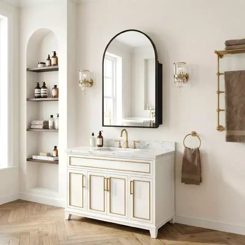 Dovelina Modern Arched Medicine Cabinet With Mirror Metal Framed Bathroom Mirror With Storage - 36x24