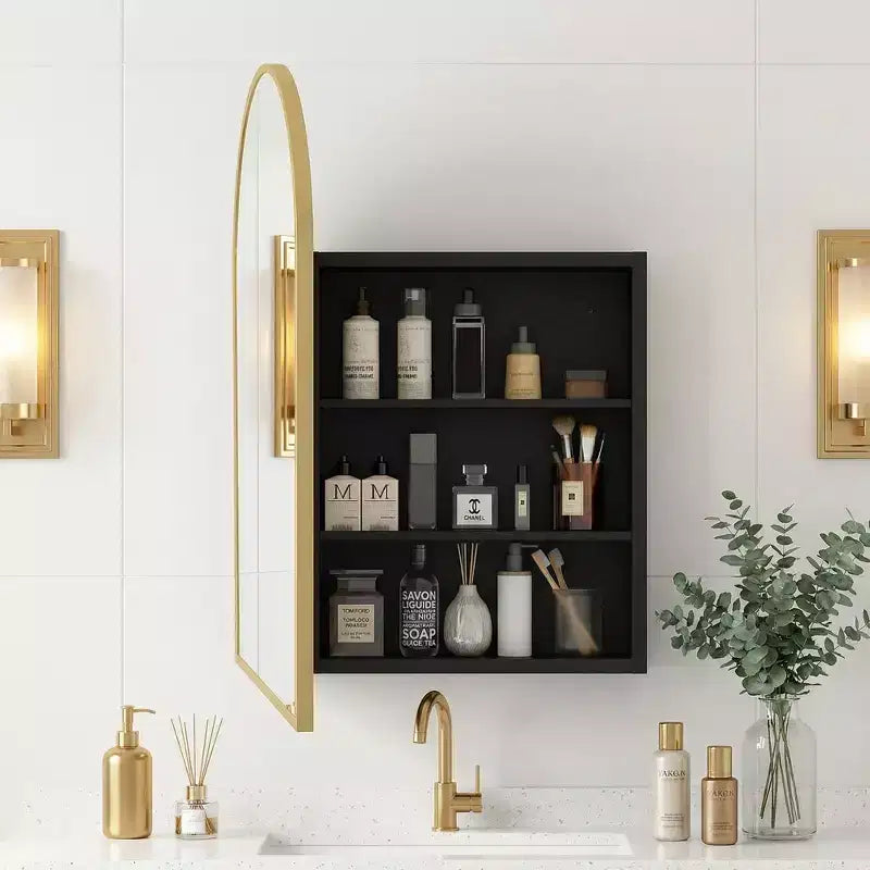 Dovelina Modern Arched Medicine Cabinet With Mirror Metal Framed Bathroom Mirror With Storage - 36x24