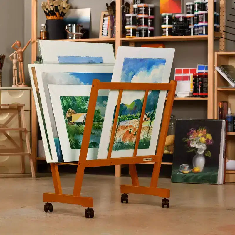 Creative Mark Firenze Wood Large Print Rack with Castors - Perfect for Display of Canvas, Art, Prints, Panels, Posters, Art Gallery Shows, Storage