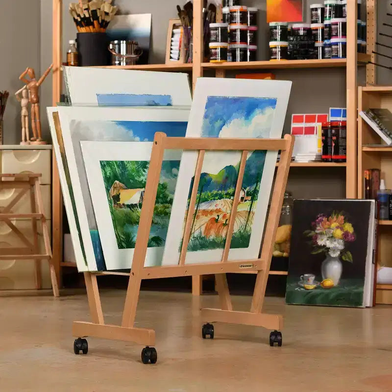 Creative Mark Firenze Wood Large Print Rack with Castors - Perfect for Display of Canvas, Art, Prints, Panels, Posters, Art Gallery Shows, Storage