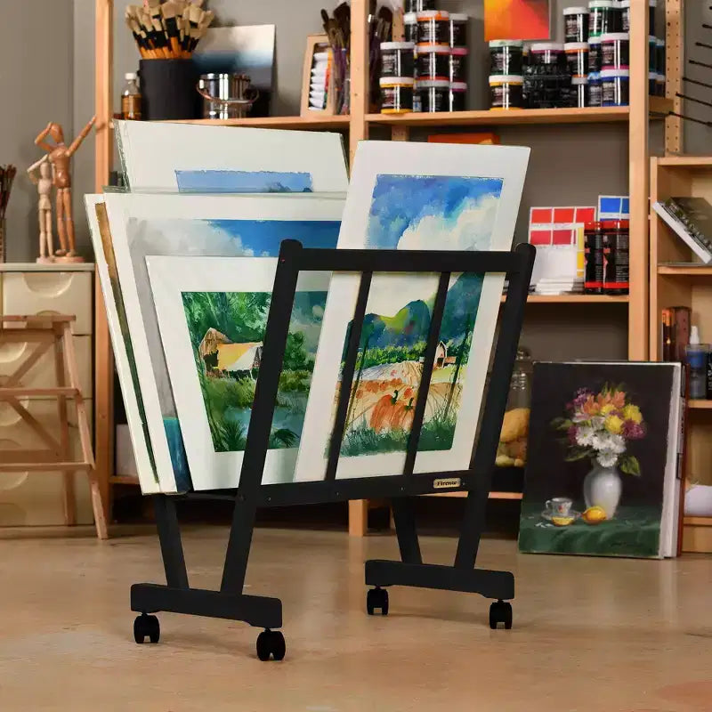 Creative Mark Firenze Wood Large Print Rack with Castors - Perfect for Display of Canvas, Art, Prints, Panels, Posters, Art Gallery Shows, Storage