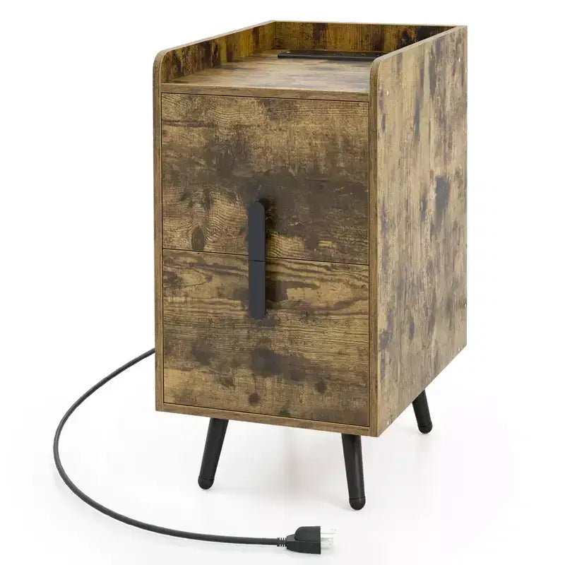 Comodino Costway con Stazione di Ricarica, Tavolini da Salotto/Camera da Lete con 2 Cassetti, Colore Caffè/Bianco/Nero