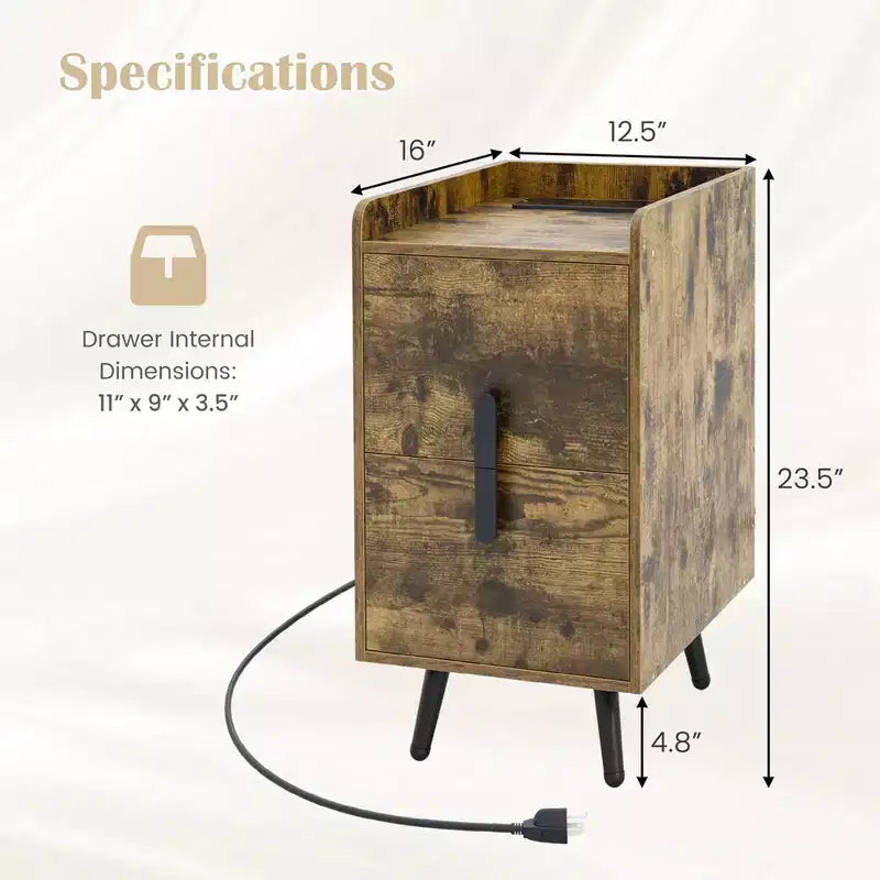 Comodino Costway con Stazione di Ricarica, Tavolini da Salotto/Camera da Lete con 2 Cassetti, Colore Caffè/Bianco/Nero