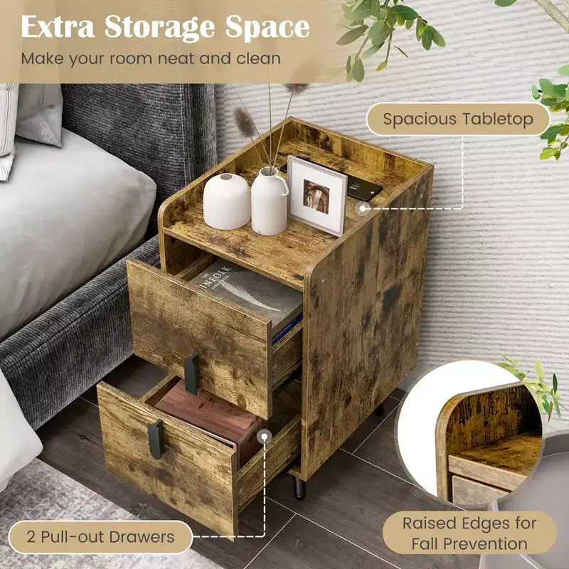 Comodino Costway con Stazione di Ricarica, Tavolini da Salotto/Camera da Lete con 2 Cassetti, Colore Caffè/Bianco/Nero