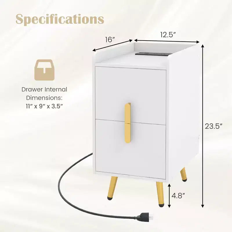 Comodino Costway con Stazione di Ricarica, Tavolini da Salotto/Camera da Lete con 2 Cassetti, Colore Caffè/Bianco/Nero