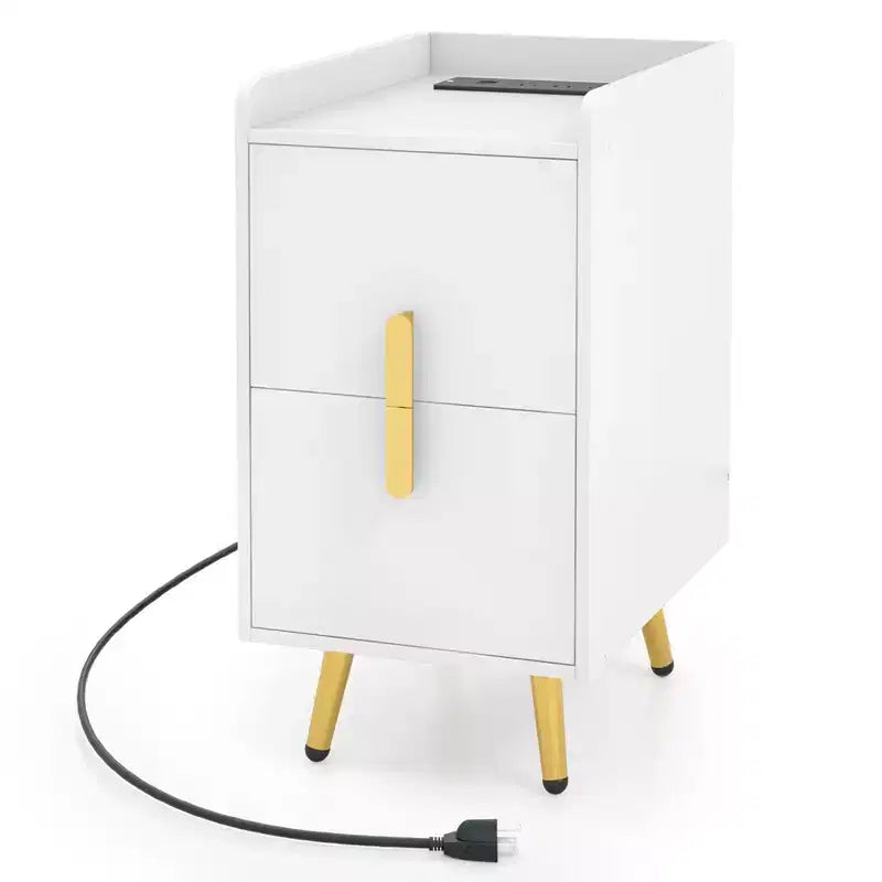 Comodino Costway con Stazione di Ricarica, Tavolini da Salotto/Camera da Lete con 2 Cassetti, Colore Caffè/Bianco/Nero