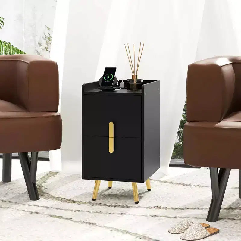 Costway Nightstand with Charging Station Home Bedside Sofa Side Tables with 2 Drawers Coffee/White/Black