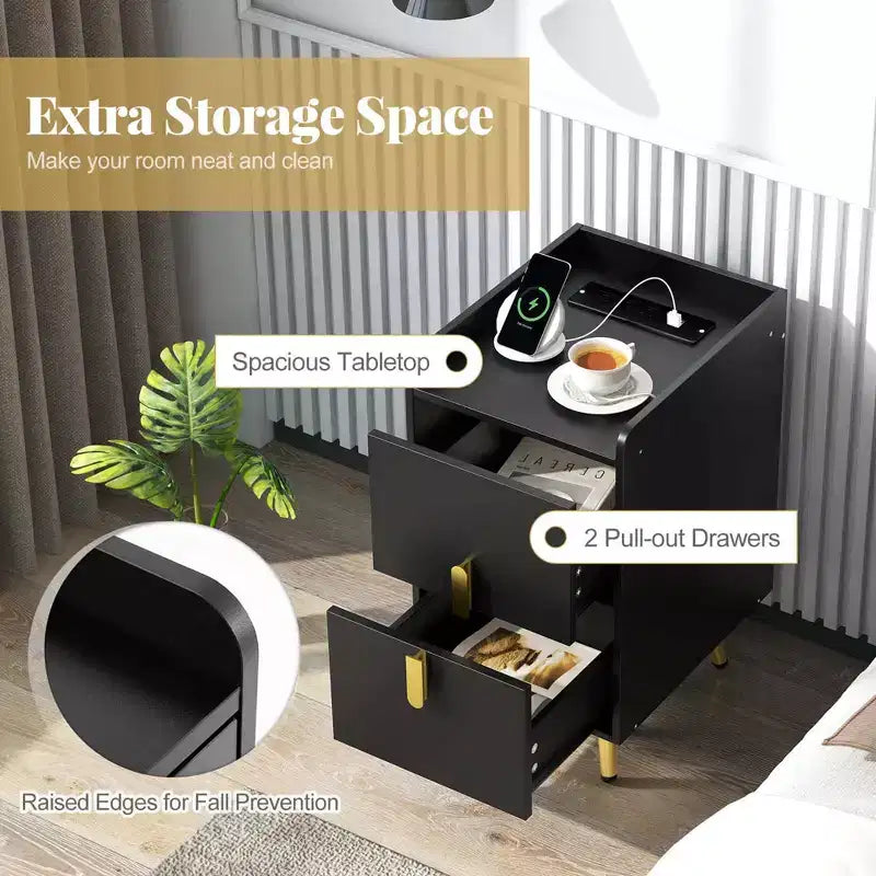 Comodino Costway con Stazione di Ricarica, Tavolini da Salotto/Camera da Lete con 2 Cassetti, Colore Caffè/Bianco/Nero