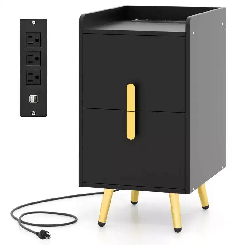 Costway Nightstand with Charging Station Home Bedside Sofa Side Tables with 2 Drawers Coffee/White/Black